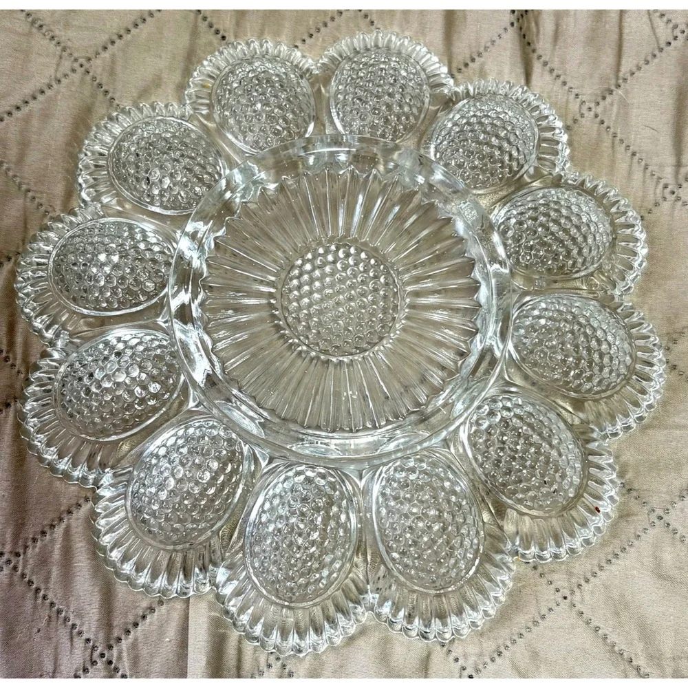 Vintage Clear Pressed Glass Deviled Egg Platter Hobnail Sunburst Serving Tray
